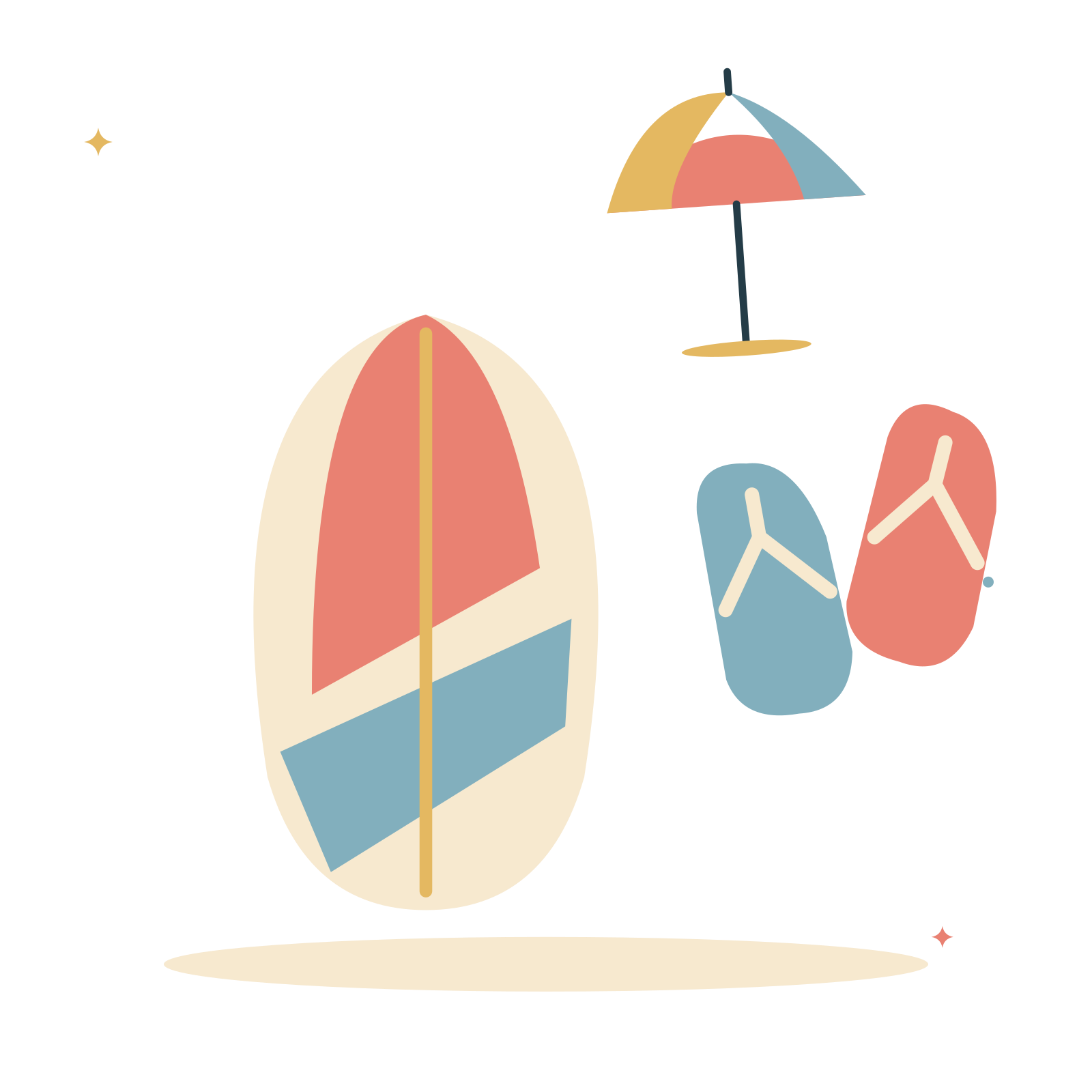 Beach afternoon with surfboard and flip flops.