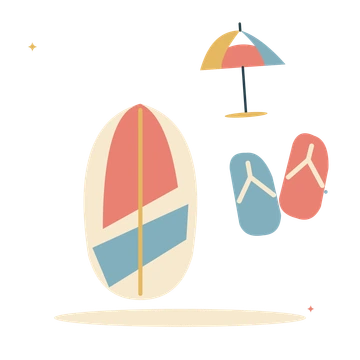Beach afternoon with surfboard and flip flops.