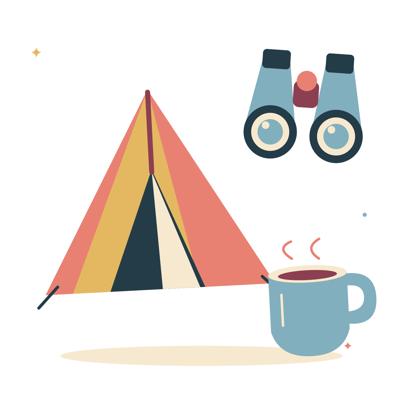 Camping holiday with tent and binoculars.
