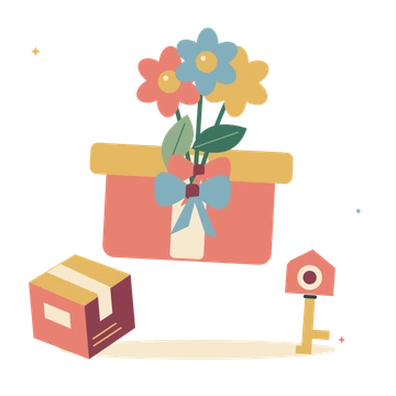 Housewarming gift with flowers and a parcel.