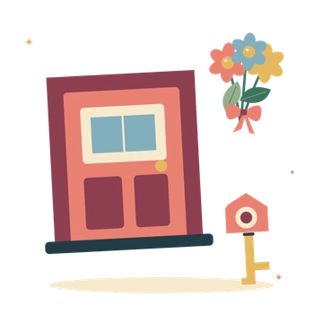 A welcoming front door with flowers and house key.
