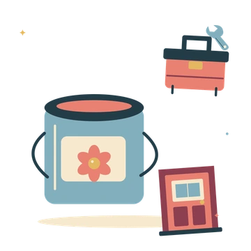Home workshop with paint can and little toolbox.