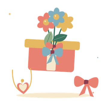 Flower gift with a heart pendant and ribbon.