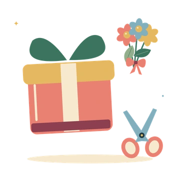 Thoughtful gift wrapping with flowers and scissors.
