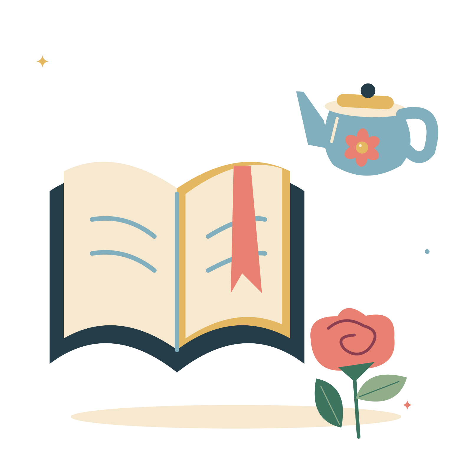 A quiet reading moment with flowers and tea.