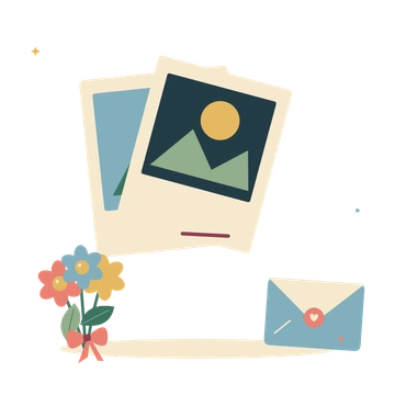 Family memories with photo prints and flowers.