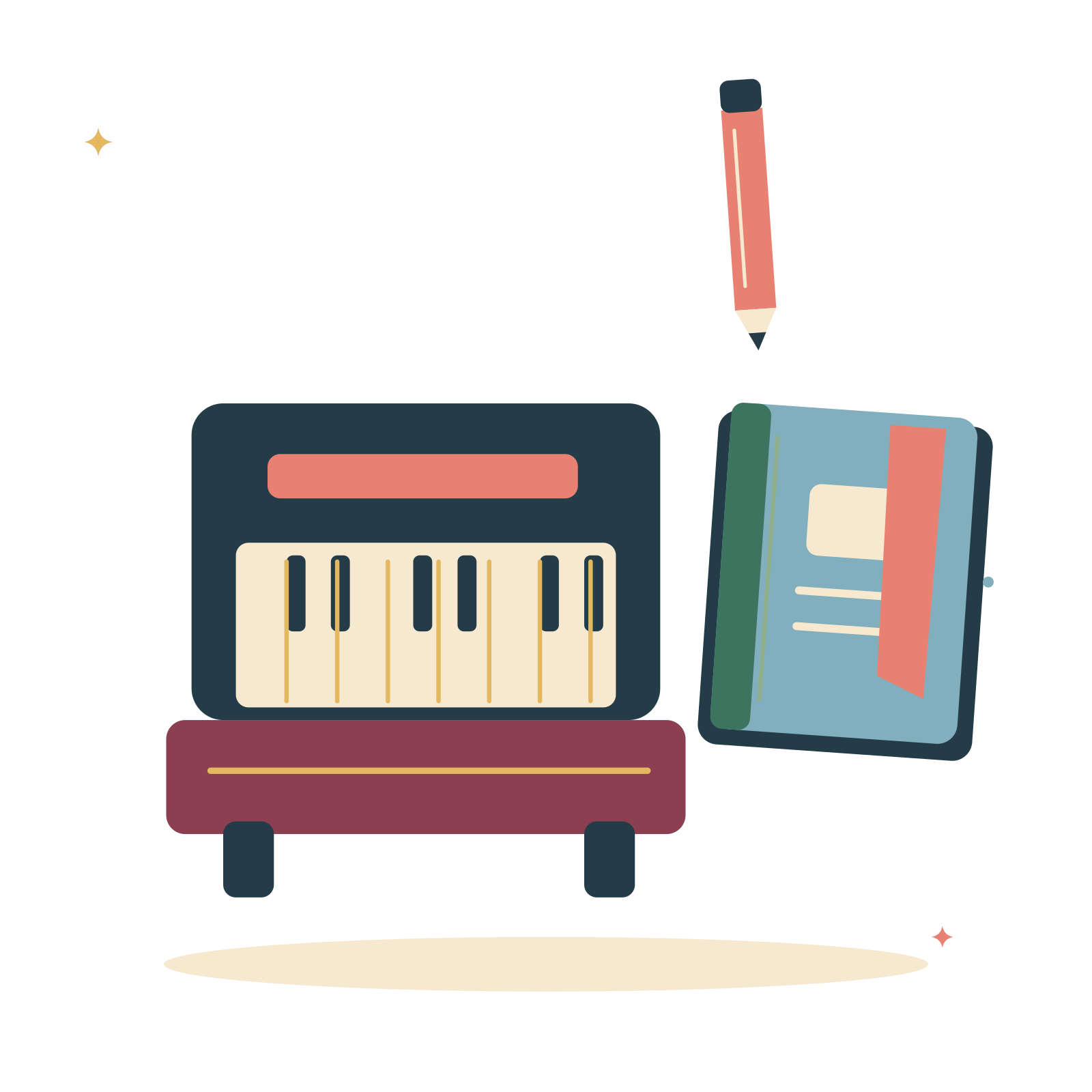Music lesson with piano and a notebook.