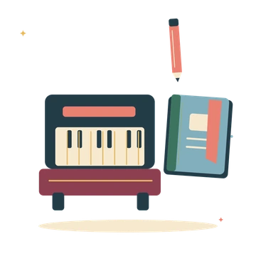 Music lesson with piano and a notebook.