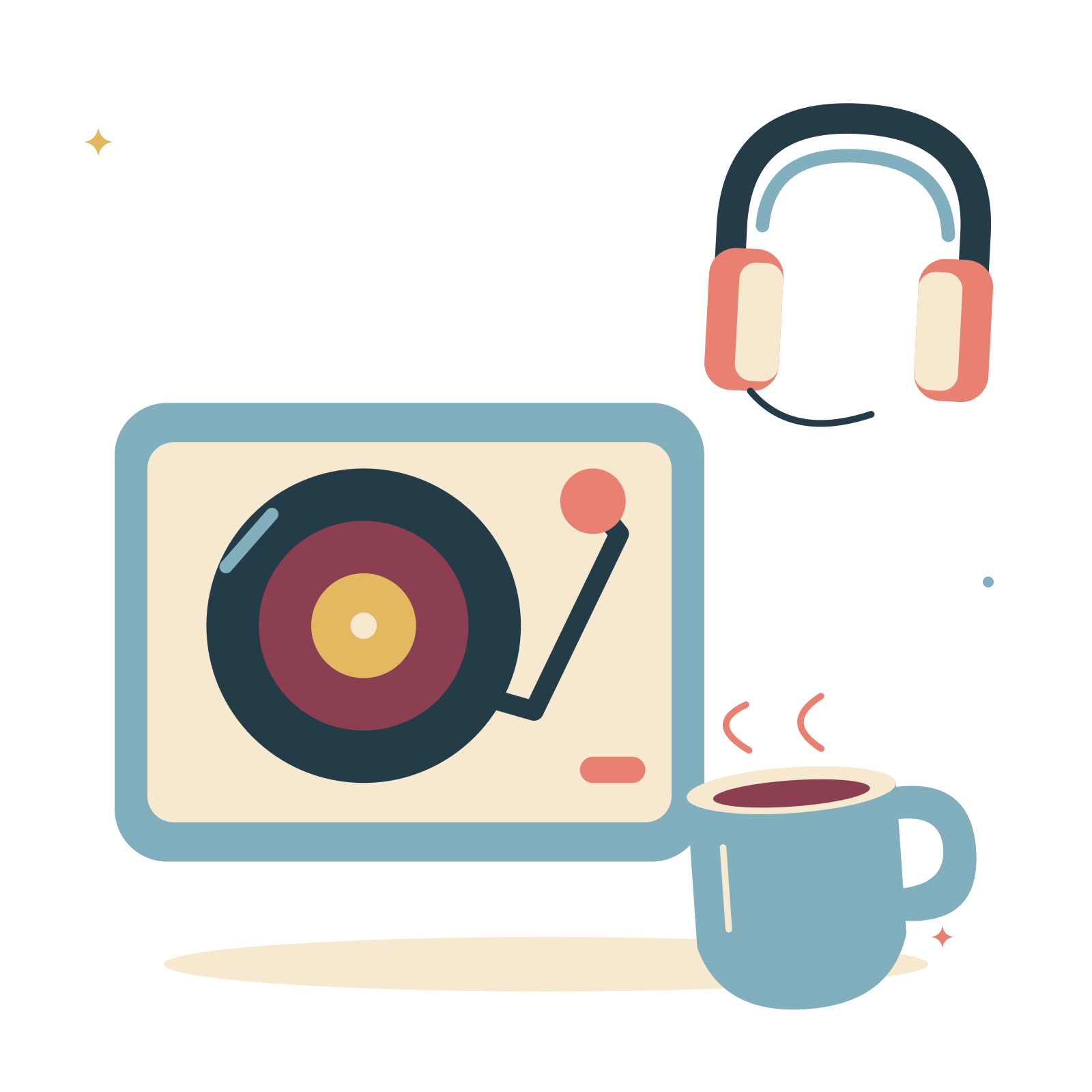 Vinyl listening corner with headphones and warm tea.