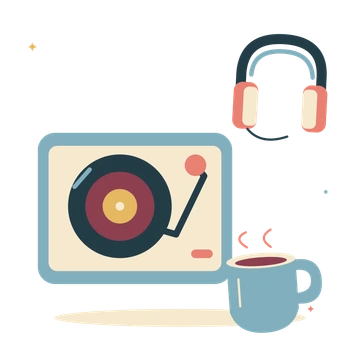Vinyl listening corner with headphones and warm tea.