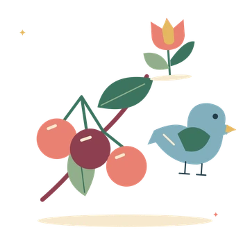 Cherry branch with a little bird and spring flower.