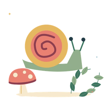 Garden snail with a mushroom and fresh leaves.