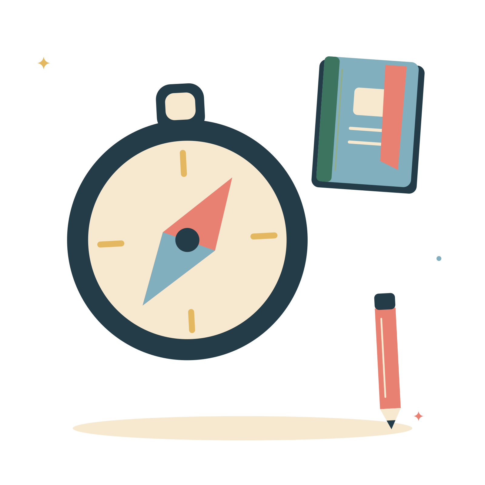 New direction with a compass and fresh journal.