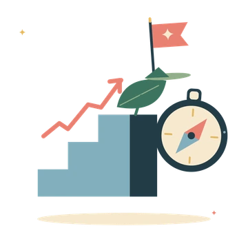 Steps towards a goal with a compass and flag.