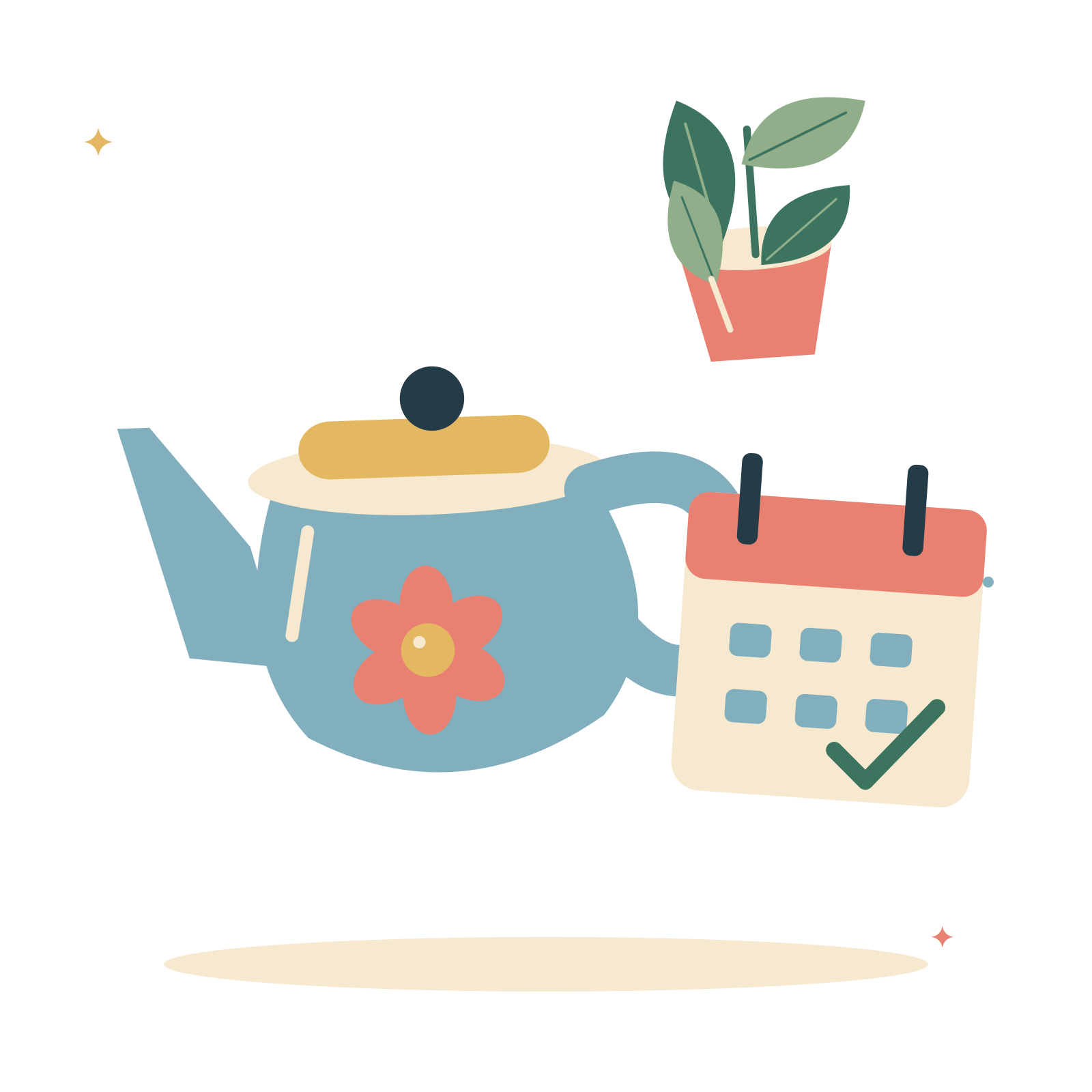 A quiet fresh start with teapot and calendar.