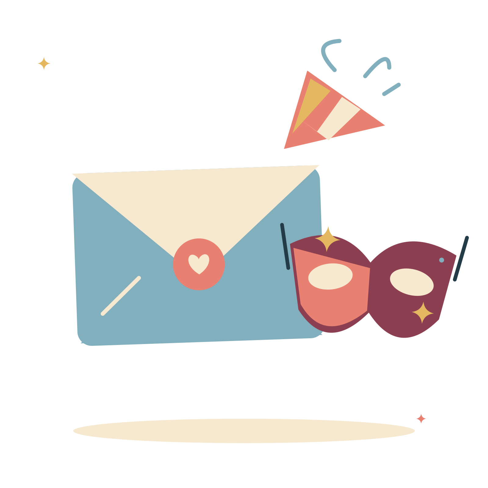 Masquerade invitation with mask and party horn.
