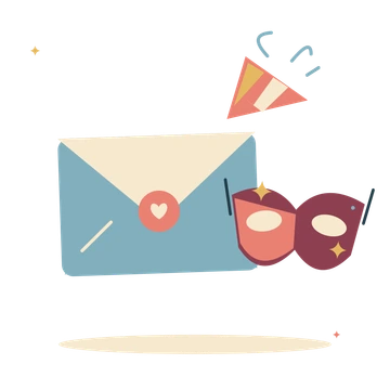 Masquerade invitation with mask and party horn.