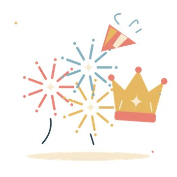 Firework party with a festive crown and horn.