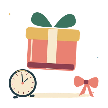 Celebration gifts with a midnight clock and ribbon.