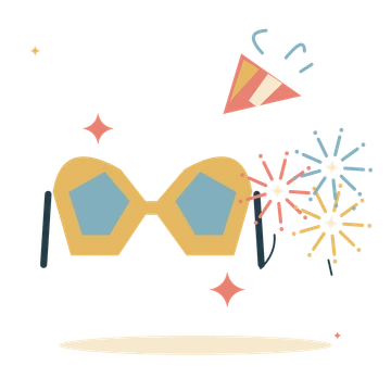 Party glasses with fireworks and a festive horn.