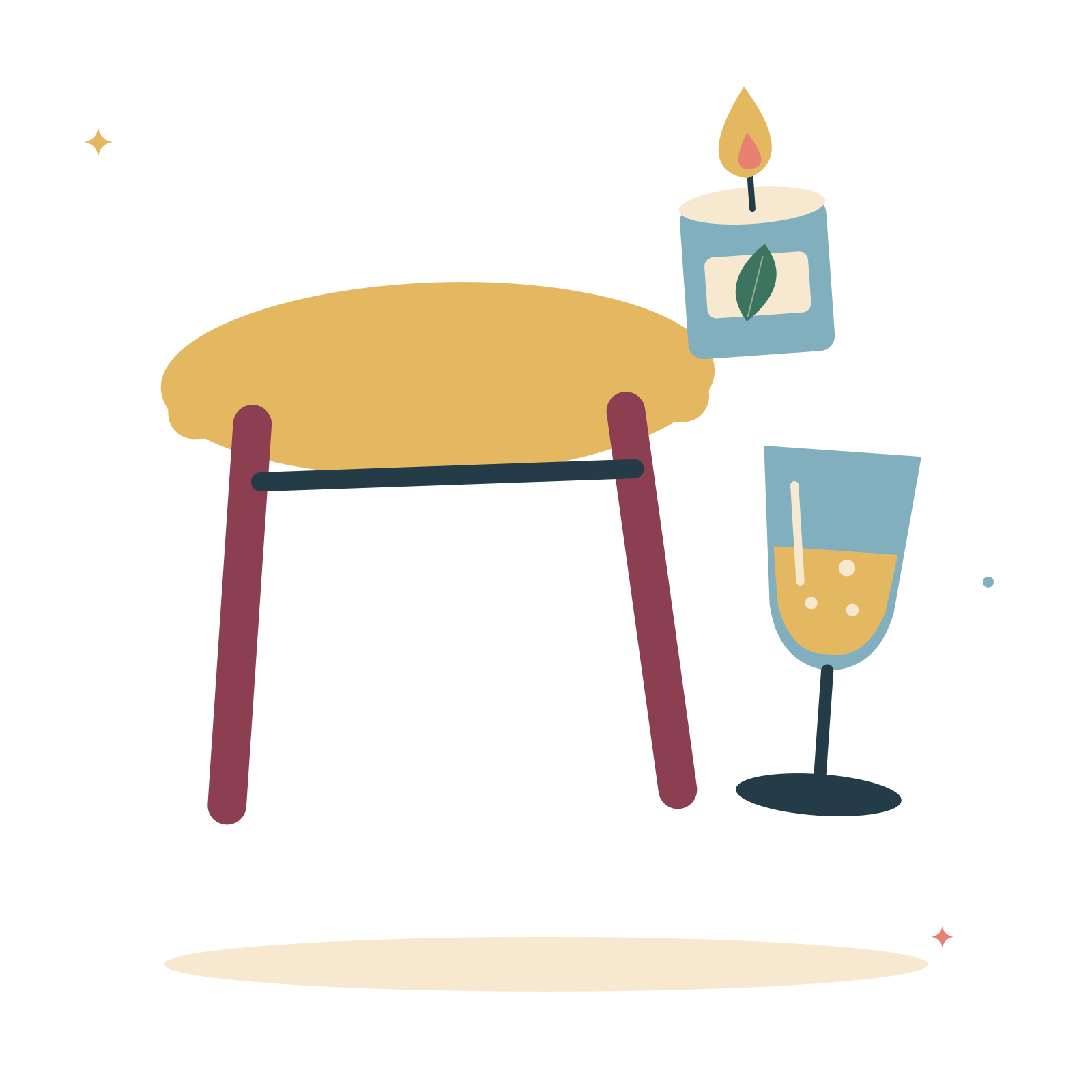 Midnight table with champagne and a glowing candle.