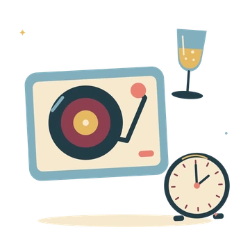 Countdown music with turntable and champagne.