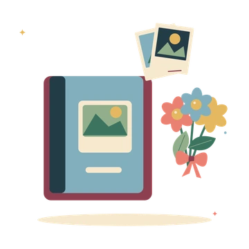 Memory album with flowers and printed photographs.
