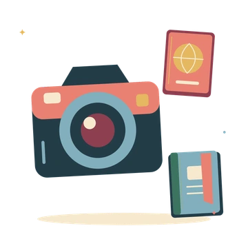 Travel photo notes with a camera and passport.