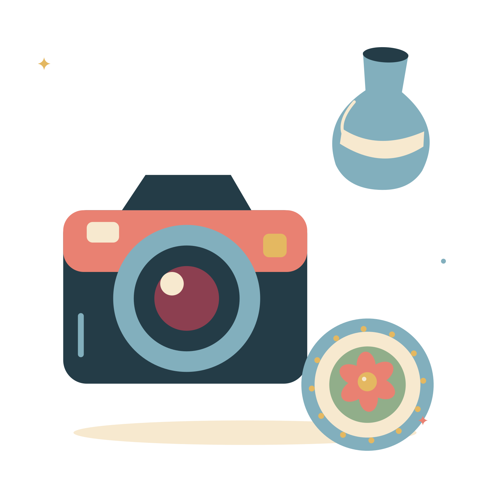 Creative still life with camera and little vase.