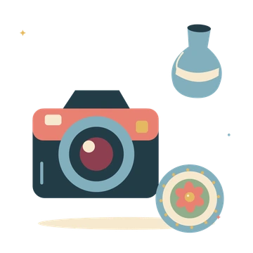 Creative still life with camera and little vase.