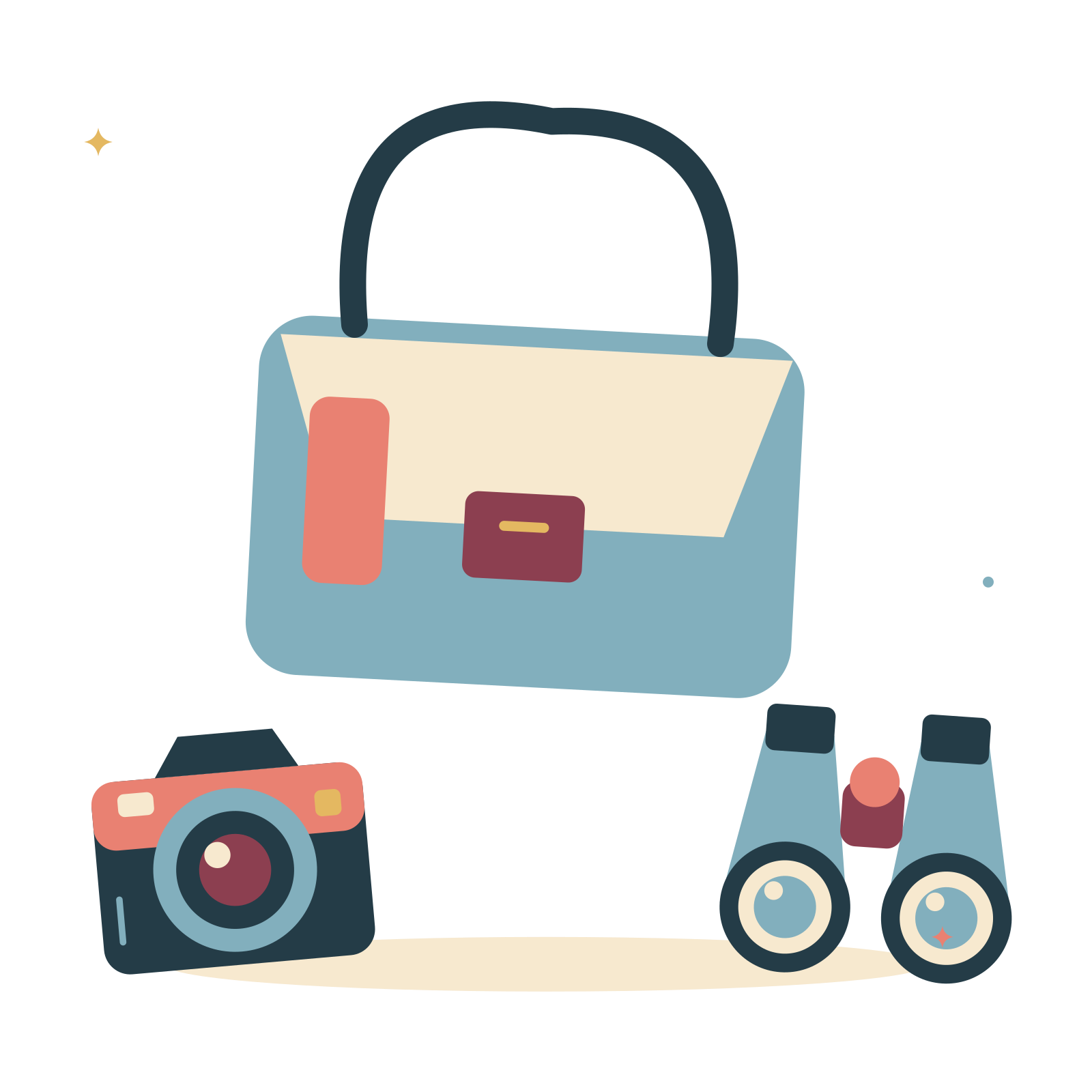 Photography trip with camera bag and binoculars.