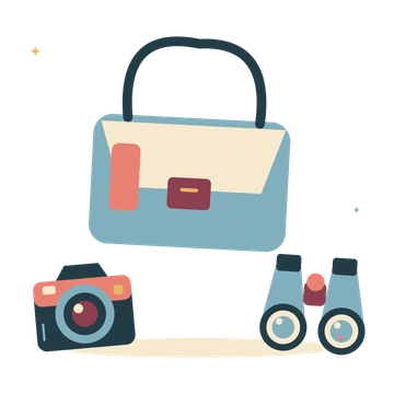 Photography trip with camera bag and binoculars.