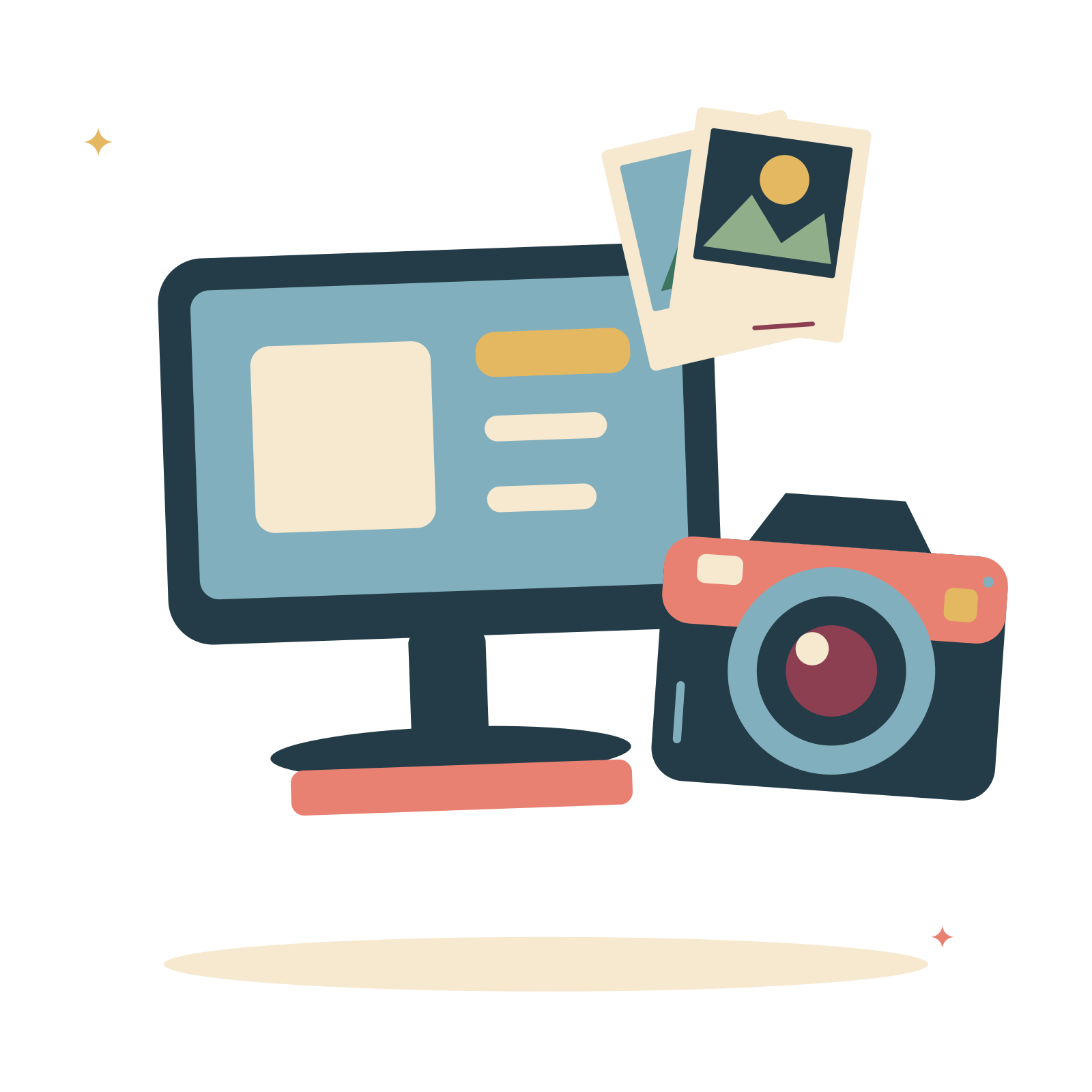 Photo editing workspace with desktop and a camera.