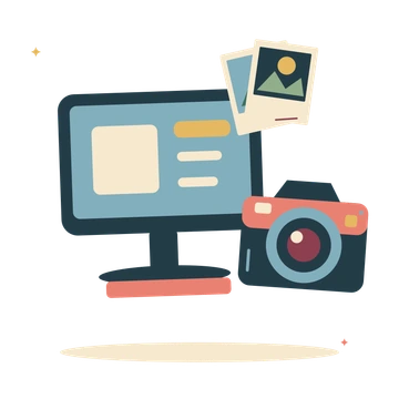 Photo editing workspace with desktop and a camera.