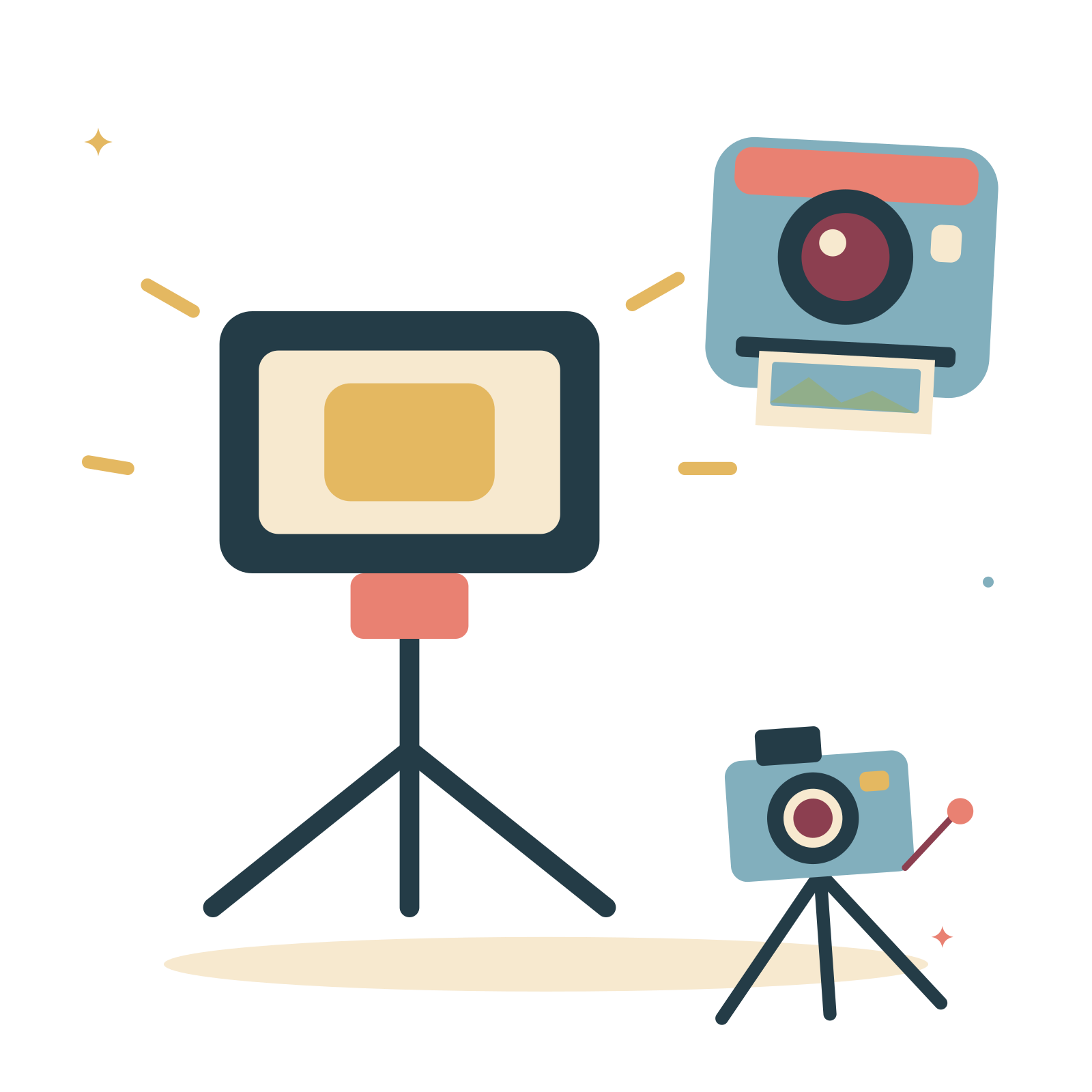 Studio portrait setup with a light and instant camera.