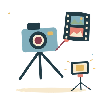 Camera on a tripod with film and studio light.