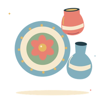 Pottery market with ceramic plate and little vase.