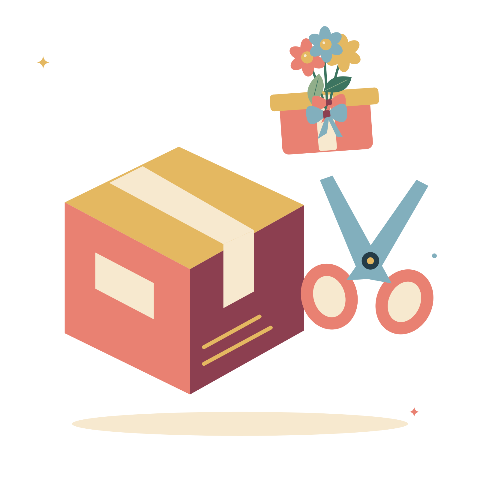 Small business parcel with scissors and handmade gift.