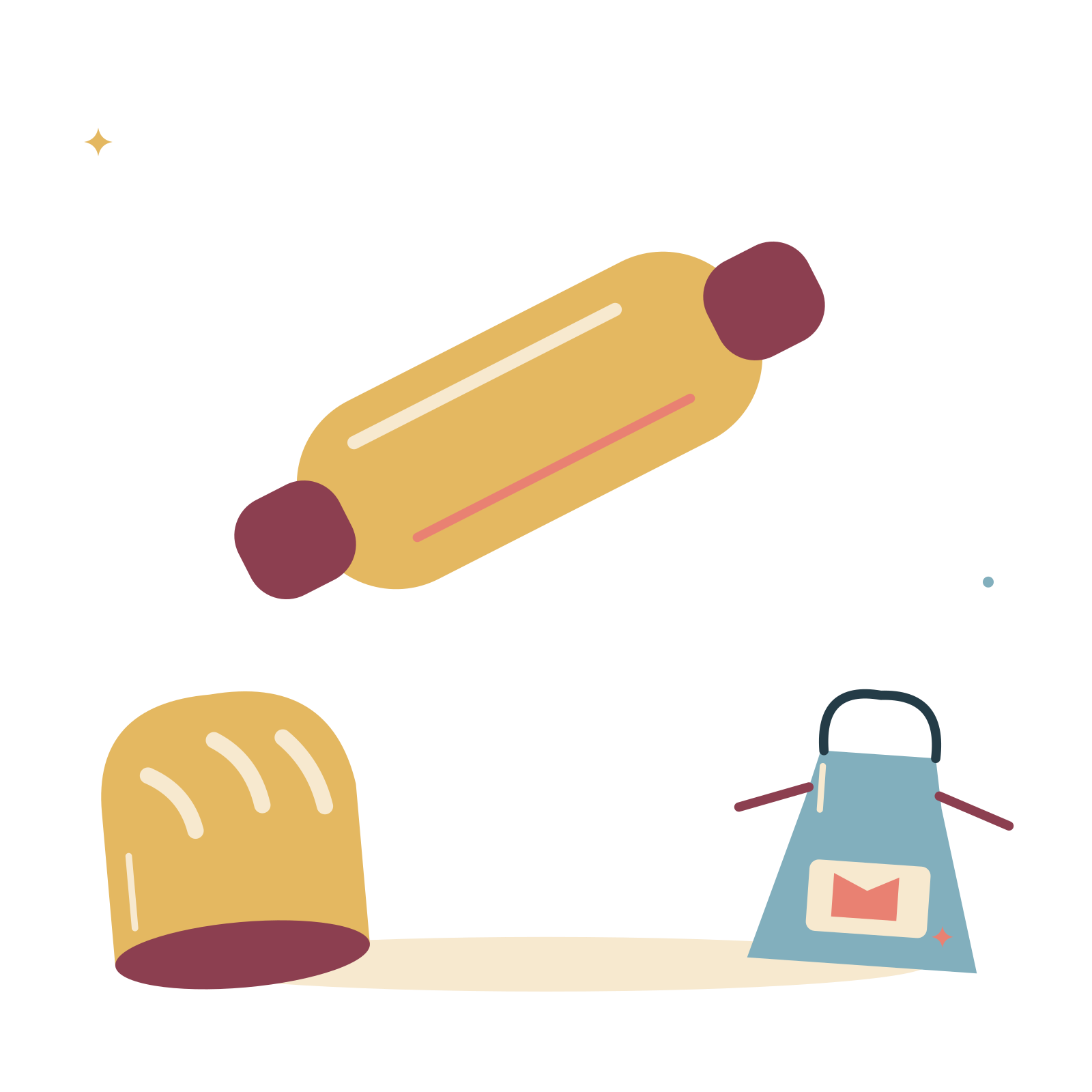 Handmade bakery with rolling pin and bread.