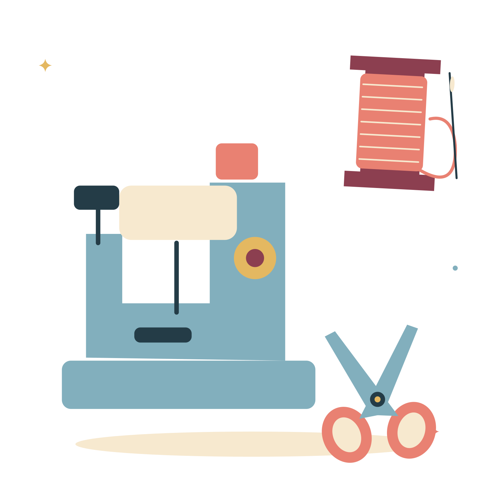 Maker sewing desk with thread and fabric scissors.
