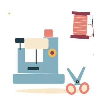 Maker sewing desk with thread and fabric scissors.