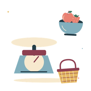 Market produce with scale and a fruit bowl.