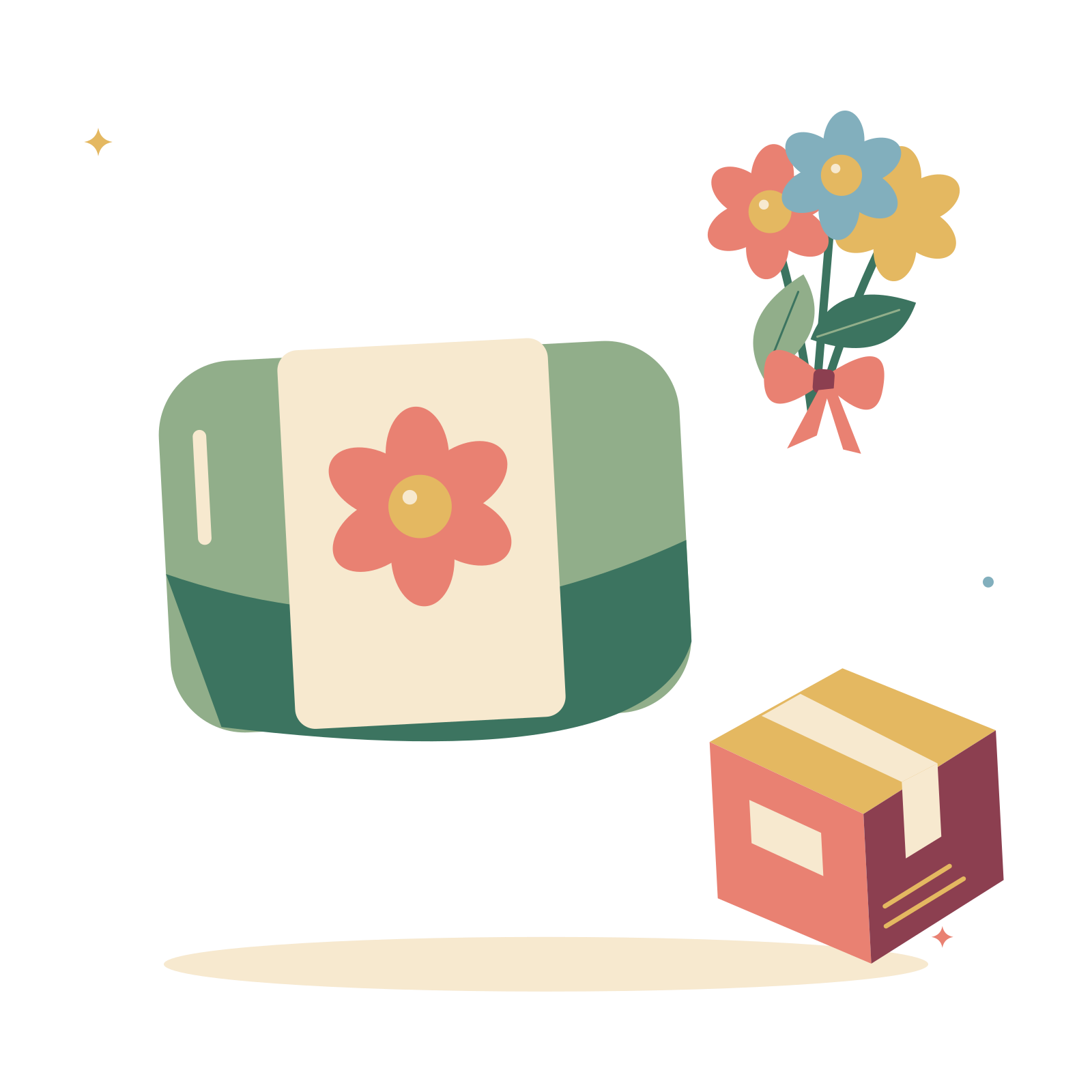 Handmade soap gift with flowers and a parcel.