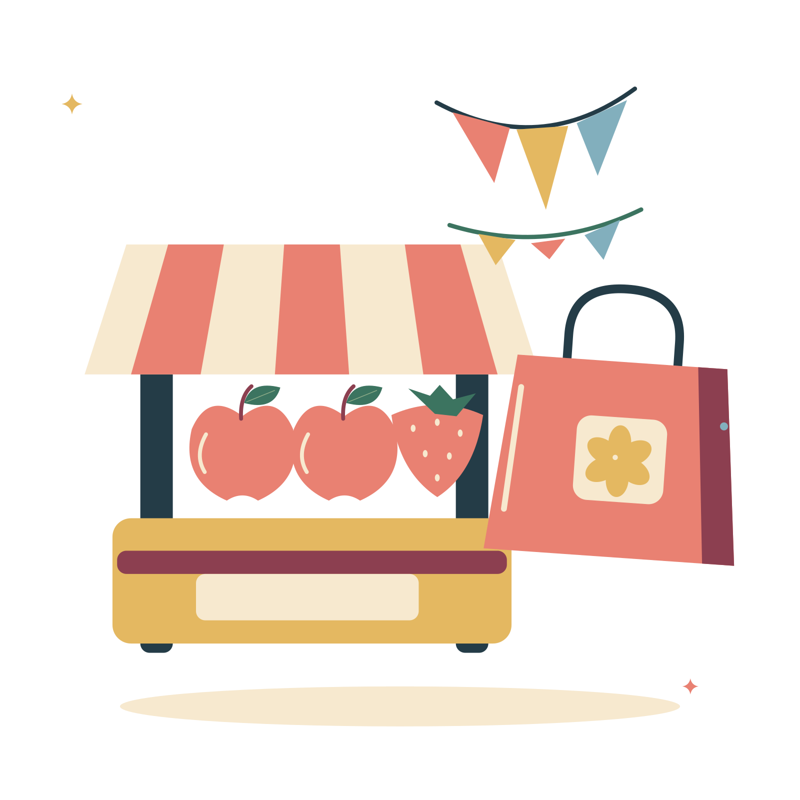 Craft fair stall with shopping bag and colourful bunting.