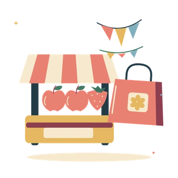 Craft fair stall with shopping bag and colourful bunting.