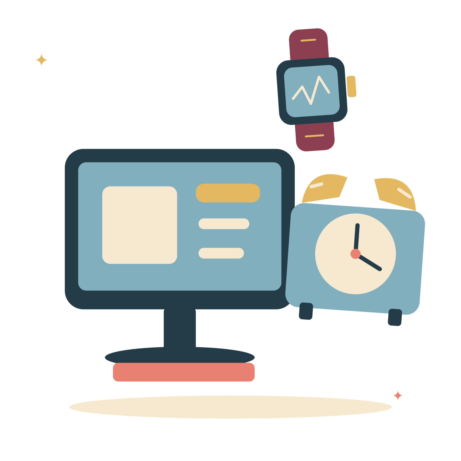 Home technology desk with desktop and desk clock.