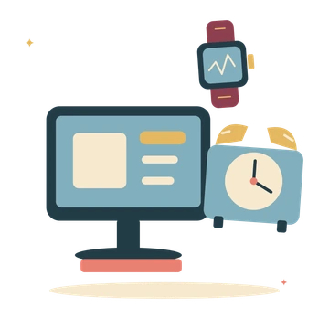 Home technology desk with desktop and desk clock.
