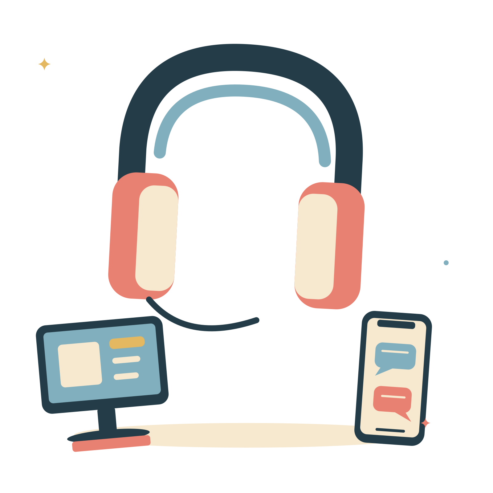 Creative listening with headphones and desktop.