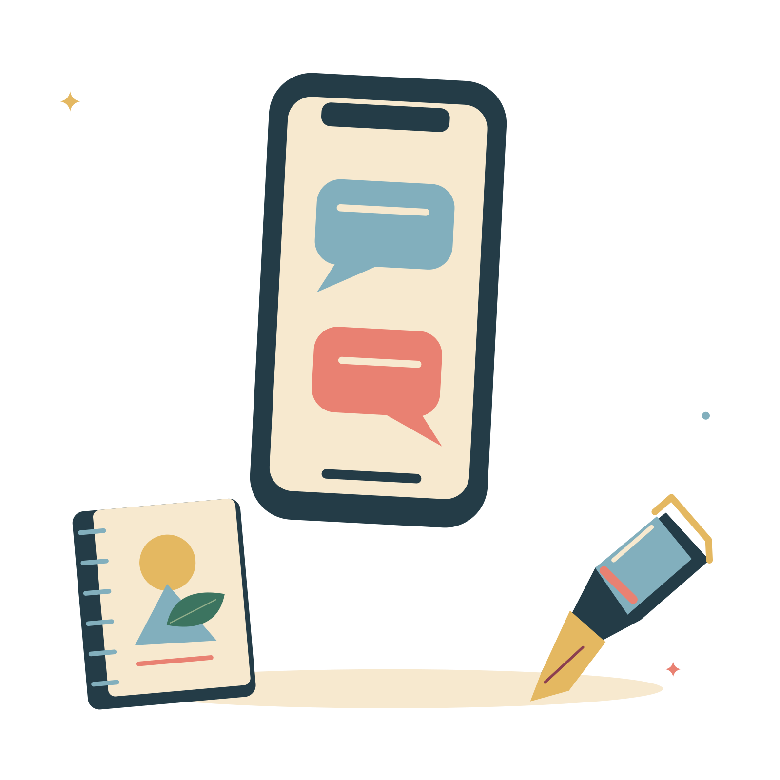 Mobile creative work with phone and sketchbook.