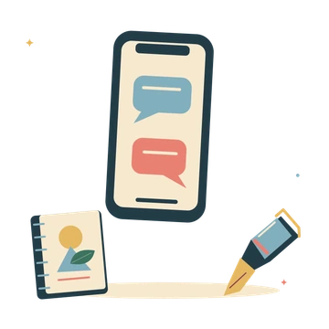 Mobile creative work with phone and sketchbook.